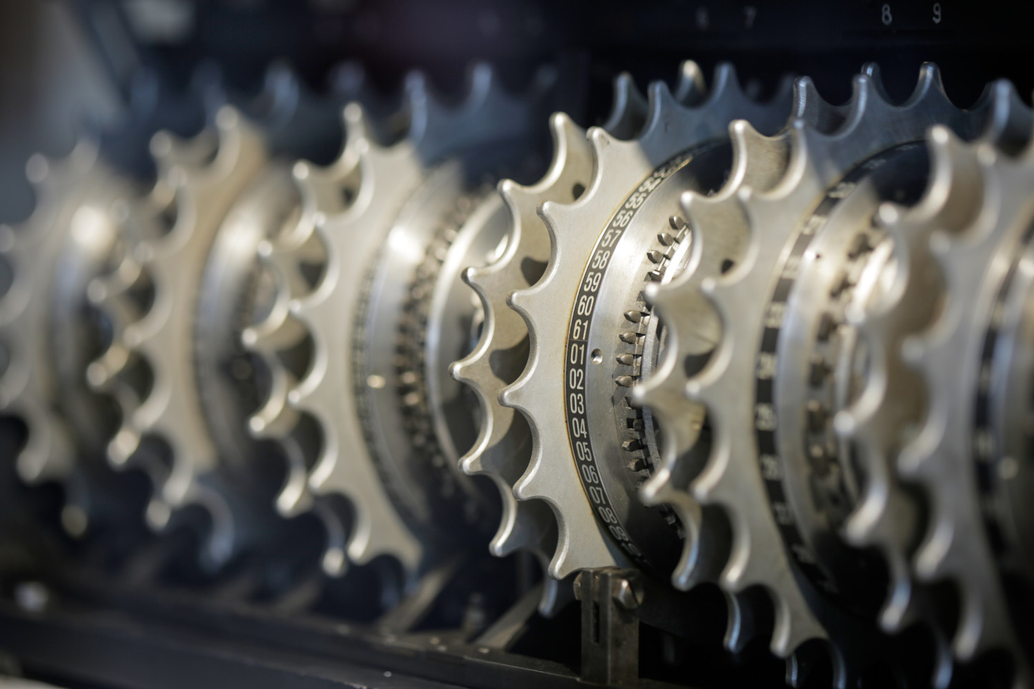 Detail of the cipher wheels on a German WWII Lorenz twelve-wheel cipher machine