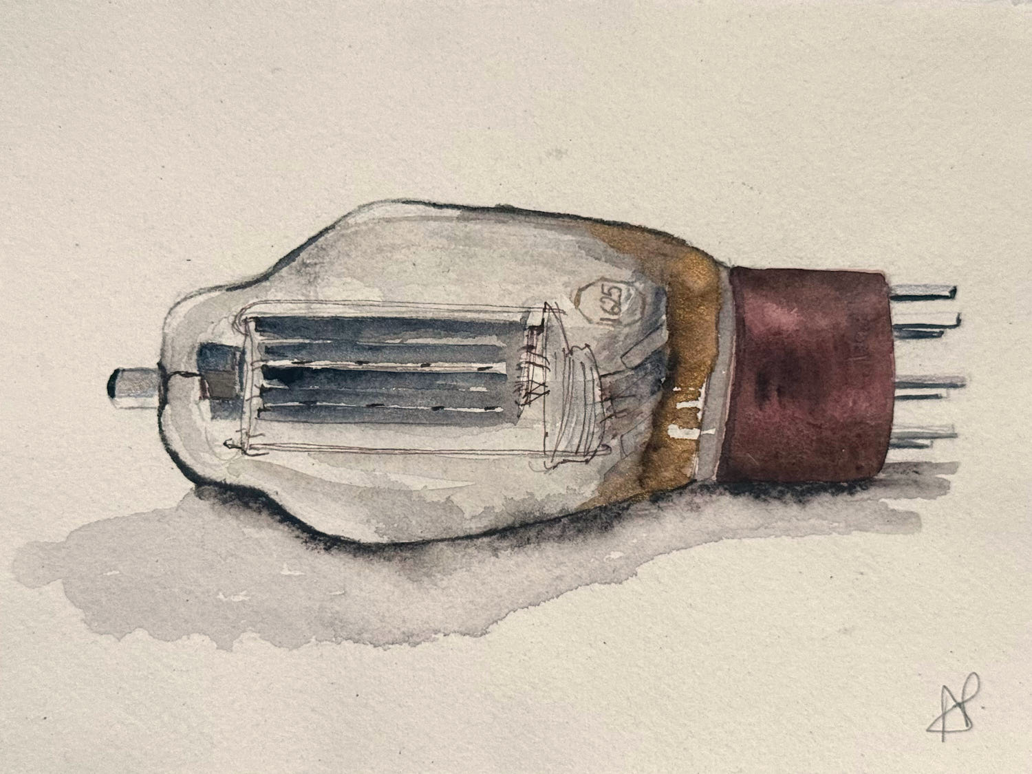 One of the 2000 valves from Colossus in the Rebuild Room, National Museum of Computing (TNMOC) at Bletchley Park. Watercolour by Abbé Paul.