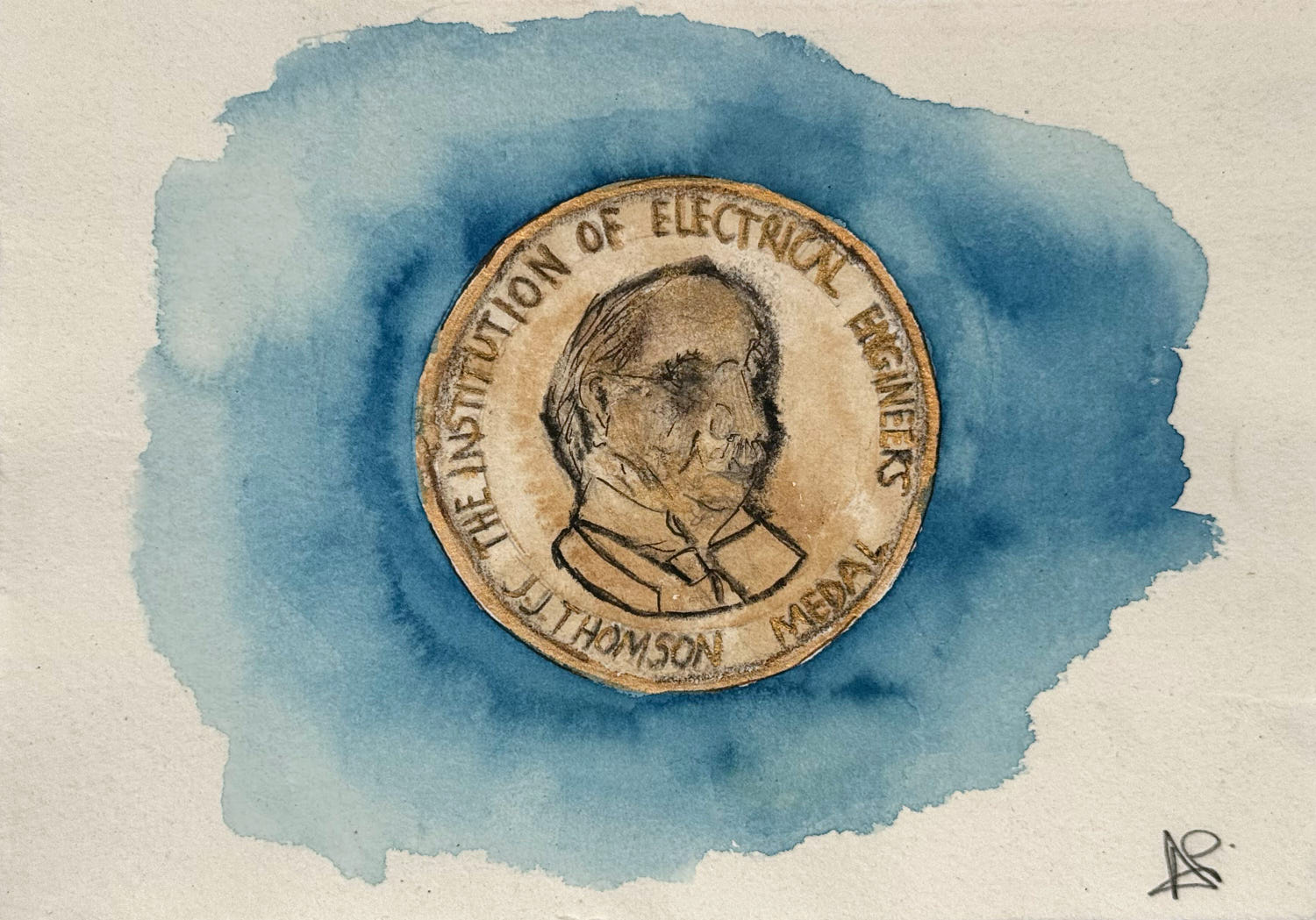 Tommy Flowers' Institution of Engineering and Technology (IET) JJ Thomson medal in the collection of the Flowers family. Water colour by Abbé Paul.