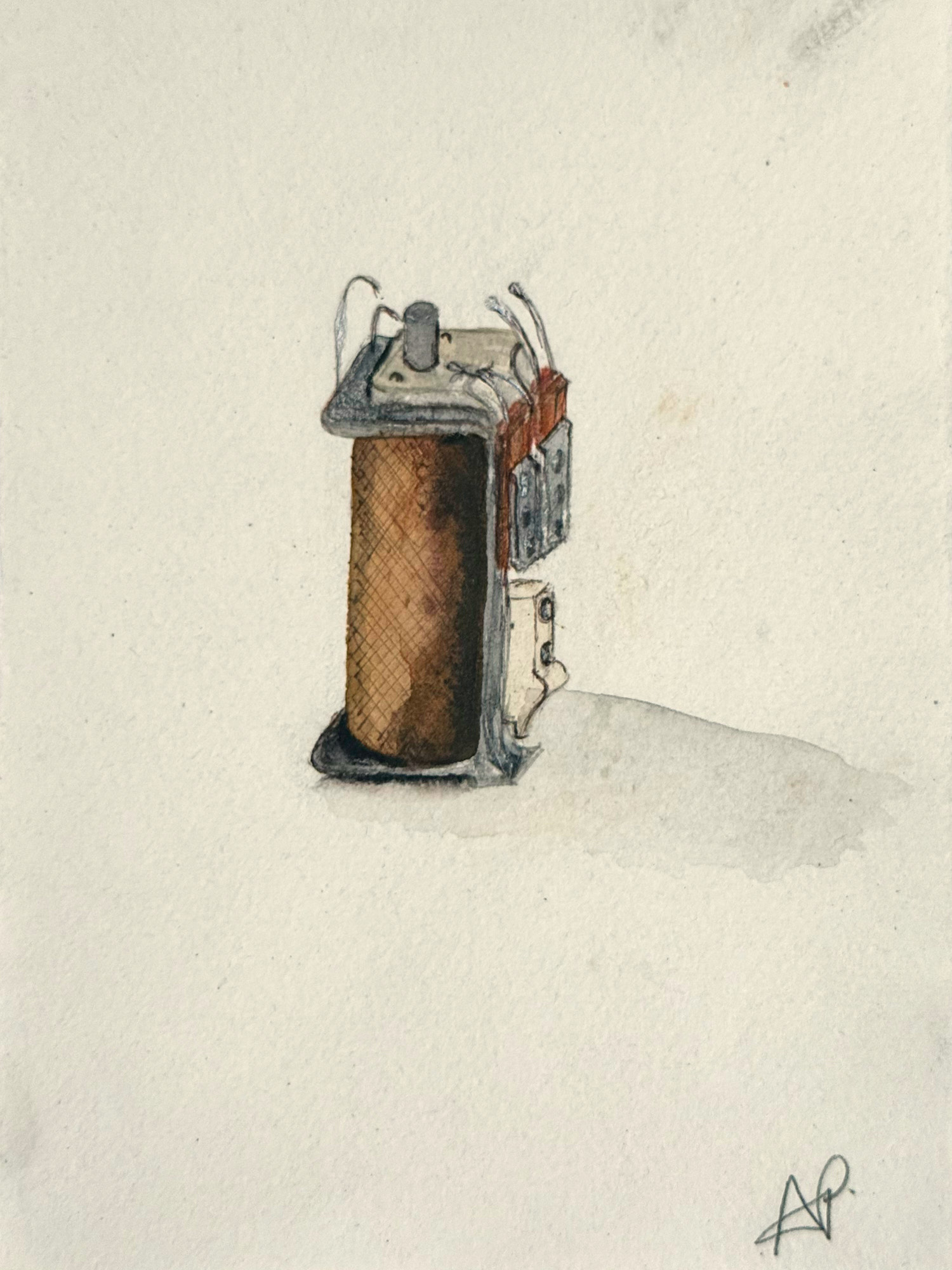 Mid-20th century GPO switching equipment repurposed for Colossus, a copper-wound relay switch. Watercolour by Abbé Paul.