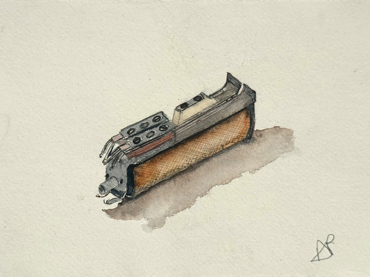 Mid-20th century GPO switching equipment repurposed for Colossus, a copper-wound relay switch. Watercolour by Abbé Paul.